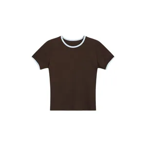 Slim fit brown short sleeve T-shirt with white contrast ringer collar and cuffs