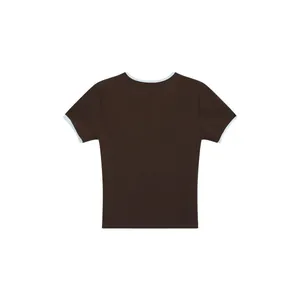 Back view of slim fit brown ringer T-shirt with light blue contrast crew neck