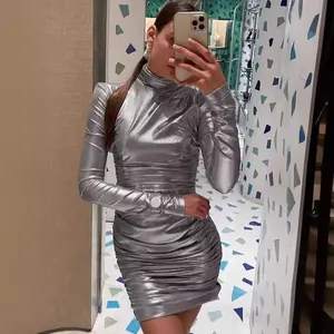 Sexy metallic silver ruched long sleeve high neck bodycon dress for party and nightclub