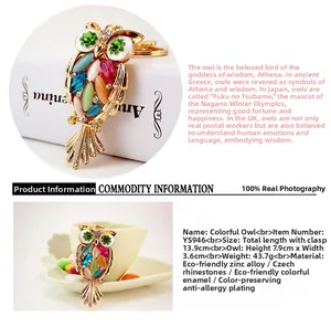 Colorful rhinestone owl keychain detail showing size 13.9cm and zinc alloy material.