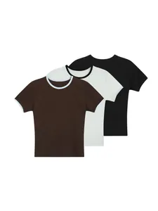 Set of three minimalist slim fit crew neck short sleeve T-shirts with stylish contrast trim
