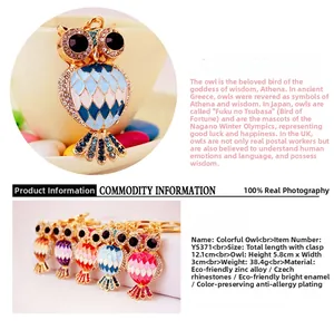 Detail view of colorful rhinestone owl keychains featuring size and material specifications.