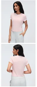 Women's pink sports yoga t-shirt with contrast white trim, front and back view details.