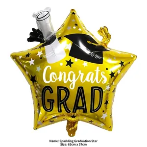 Ballon graduation en forme d'étoile dorée avec imprimé Congrats GRAD et motif chapeau