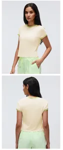 Detailed front and back views of a contrast trim short sleeve sports T-shirt for yoga