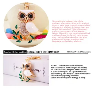 Detailed view of rhinestone-encrusted owl keychain with specifications and dimensions
