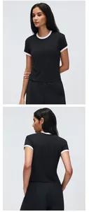 Front and back view of women's black short sleeve sports T-shirt with white trim