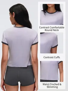 Premium women's contrast trim short sleeve sports T-shirt for yoga and fitness training