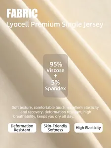 Close-up detail of cream sports T-shirt fabric showing 95% rayon and 5% spandex material
