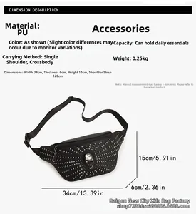 Punk style black PU fanny pack with skull and silver rivets, dimension description details