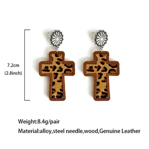 Detail view of leopard print cross earrings with wood frame and size specifications.