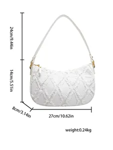 White frayed denim crescent shoulder bag with 27cm length and 0.24kg weight details
