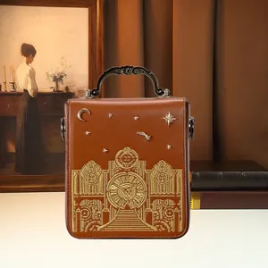 Retro brown square handbag with gold embroidery and metal stars decoration