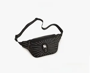 Cool black punk style waist bag featuring silver rivets and a crystal-encrusted skull detail
