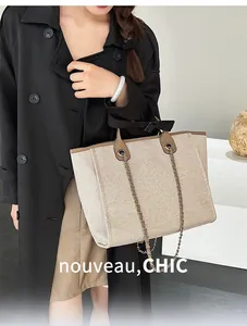 Close-up of large woven tote bag with chain handles styled with trench coat.
