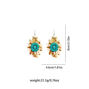 Macro view of vintage leather earrings showing dimensions and weight information