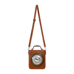 Front view of a vintage brown leather handbag featuring a unique real working clock face