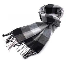 Classic black and grey plaid pattern winter scarf for men featuring soft fringe detail