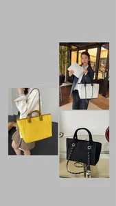 Detailed view of large capacity chain tote bags in yellow, white, and black colors