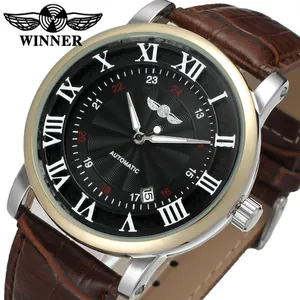 Close-up of Winner automatic mechanical watch with brown leather strap