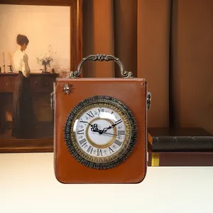 Detail of vintage creative handbag featuring a functional clock face design
