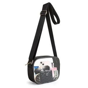 Transparent PVC crossbody bag showing internal storage for phone, wallet and cosmetics
