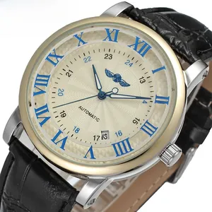 Detailed view of Winner men's automatic mechanical watch with blue Roman numerals