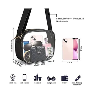 Size guide for transparent PVC crossbody bag with waterproof detail and adjustable strap