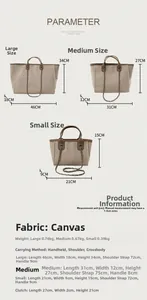 Detailed size chart and specifications for the canvas chain tote bag in three sizes.