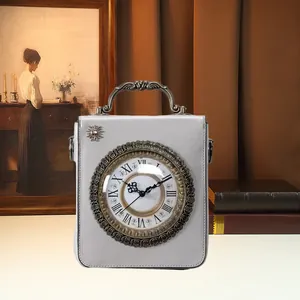 Vintage clock-shaped crossbody handbag with real working dial and metal handle.