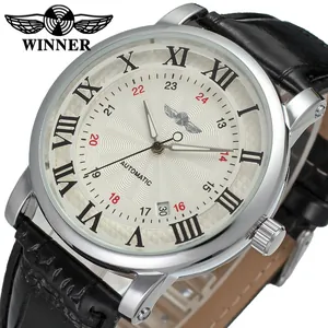 Close-up of Winner silver automatic mechanical watch with white dial and Roman numerals