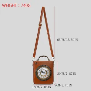 Detailed dimensions and weight specs of retro brown crossbody bag with clock face