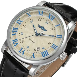 Detail of Winner men's automatic mechanical watch with blue Roman numerals and black strap.