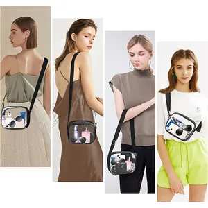 Four models showcasing a transparent PVC crossbody bag with various stylish daily outfits