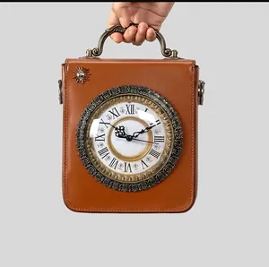 Detailed view of a unique vintage brown handbag featuring a functional clock face design