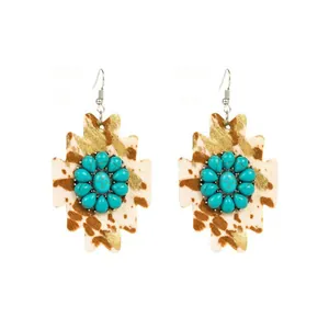 Vintage leopard print leather drop earrings with turquoise floral centerpiece