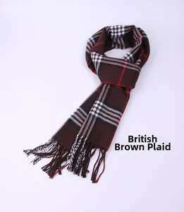 Classic brown British style plaid winter scarf for men with elegant tassel detail