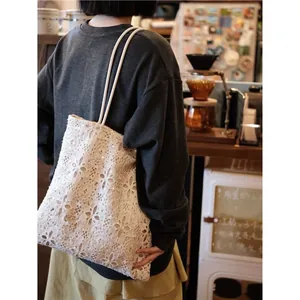 French Style White Lace Sequin Embroidered Shoulder Bag Large Capacity Canvas Underarm Bag For Women Vintage Elegant Tote Bag