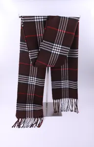 Classic British style brown plaid scarf for men with elegant fringe details, warm winter wrap.