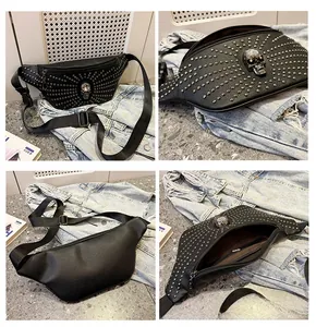 Multiple views of punk style black studded waist bag with central skull ornament