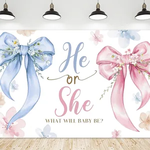 Gender Reveal Party Backdrop Pink And Blue Bow Floral He Or She Baby Shower Banner Photography Background Vinyl Decoration