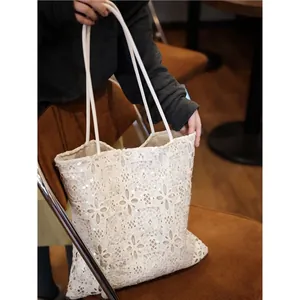 French style white lace tote bag with sequin embroidery for summer, large capacity