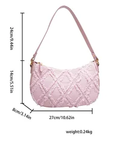 Detailed size guide for pink denim crescent shoulder bag with frayed diamond pattern details
