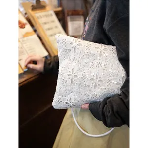 French style white lace handbag with sequin embroidery and circular handle for women