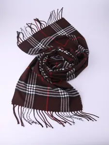 Detailed close-up showing the classic brown British plaid pattern of this warm winter scarf