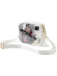 Stylish transparent PVC crossbody bag with white strap and waterproof design for women