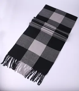 Classic black and grey large plaid men's scarf with fringe tassels for winter warmth