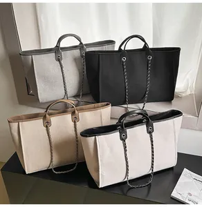 Premium collection of large capacity chain tote bags in four neutral colors for women