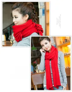 Close-up of woman wearing a long vibrant red knitted scarf in a cafe setting