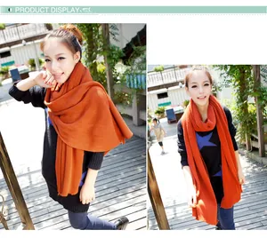 Detail view of a bright orange knitted scarf worn by a model in two outdoor poses